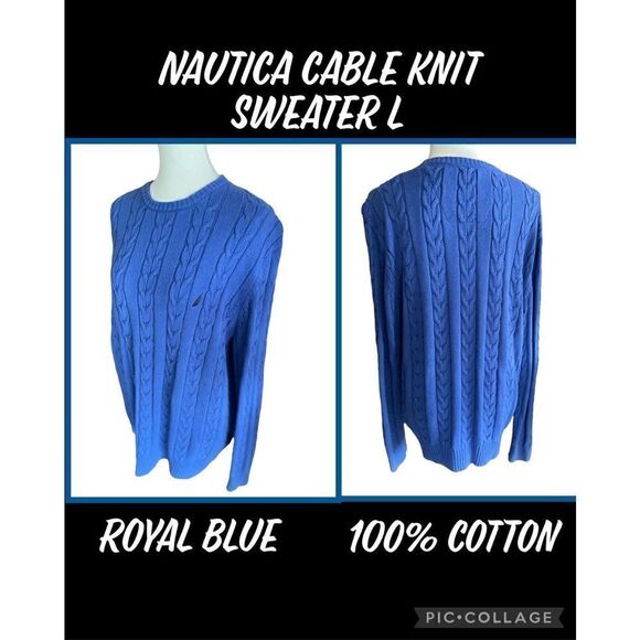 Nautica Cable knit Crewneck Sweater Royal Blue Large - Picture 1 of 11